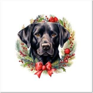 Christmas Black Labrador Retriever Dog Wreath Posters and Art